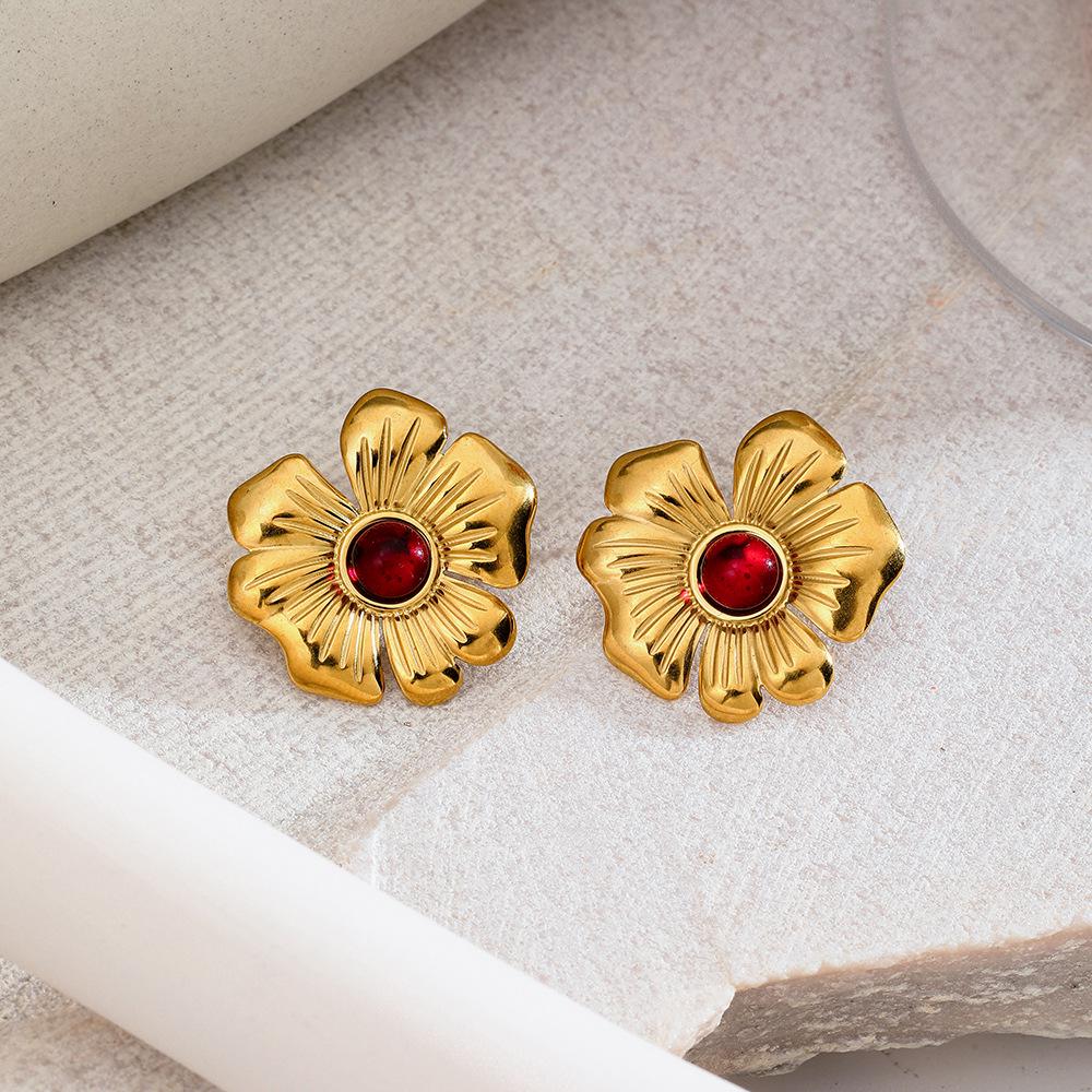 Polished Stainless Steel Pearl Stud Earrings for Women - Irregular Geometric Flower Design