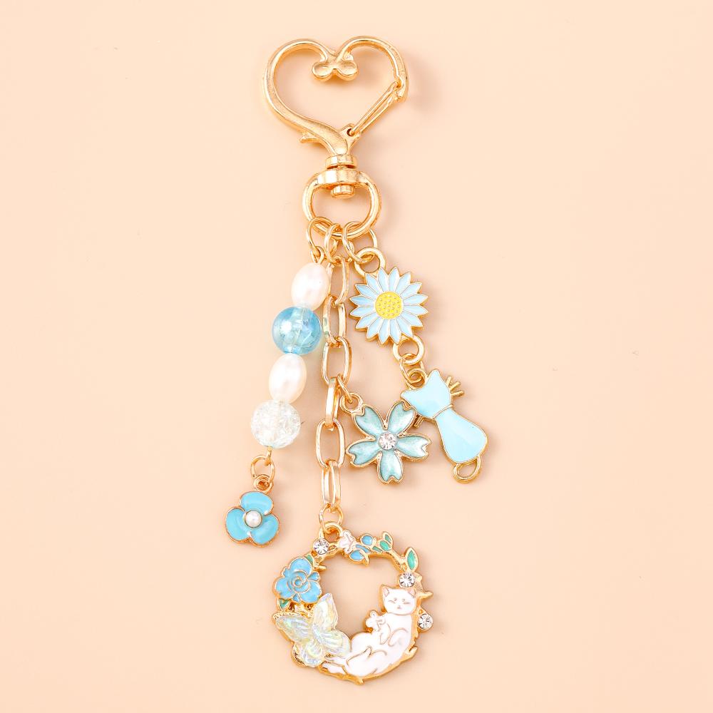 Cute Enamel Flower Butterfly Keychain Women Girls Beads Pearl Key Ring Pendants for Handbag Decor DIY Handmade Jewelry Gifts
