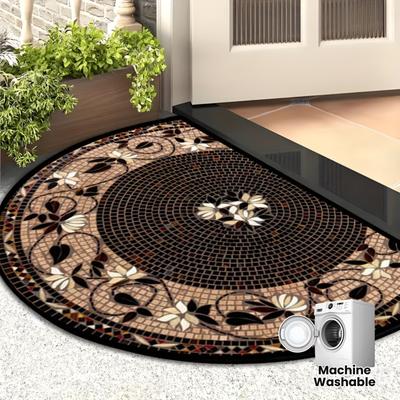 Floral Mosaic Doormat - Vintage Semi-Circular Rubber Backing, Indoor/Outdoor Rug, Durable Comfortable Floor Mat for Home Decor