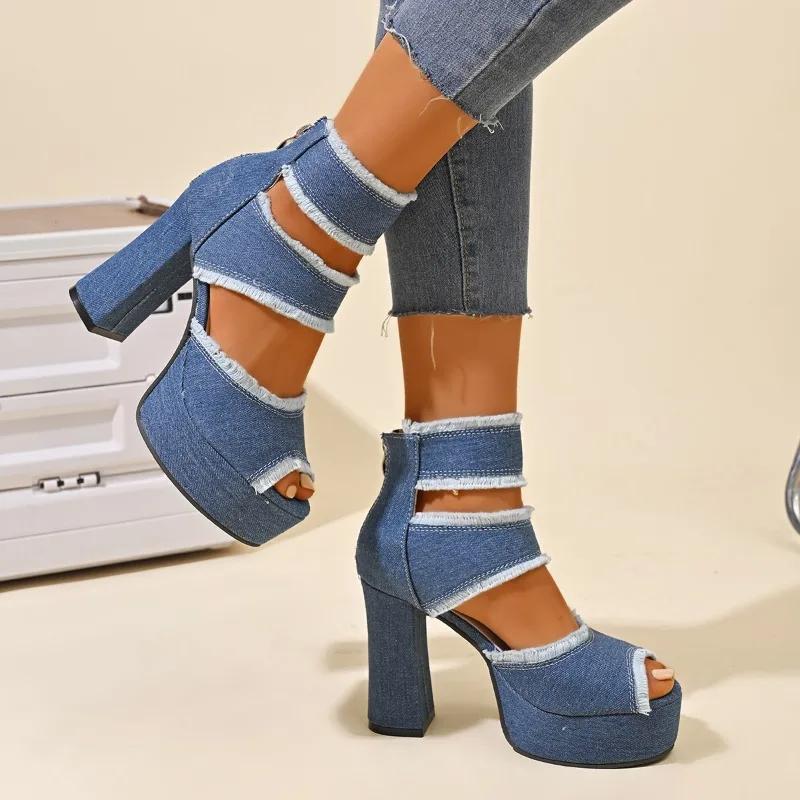 2025 Summer New Women's Cover Heel Sandals with Platform Back Zip Ankle Wrap Denim Dress Party Plus Size Shoes for Women