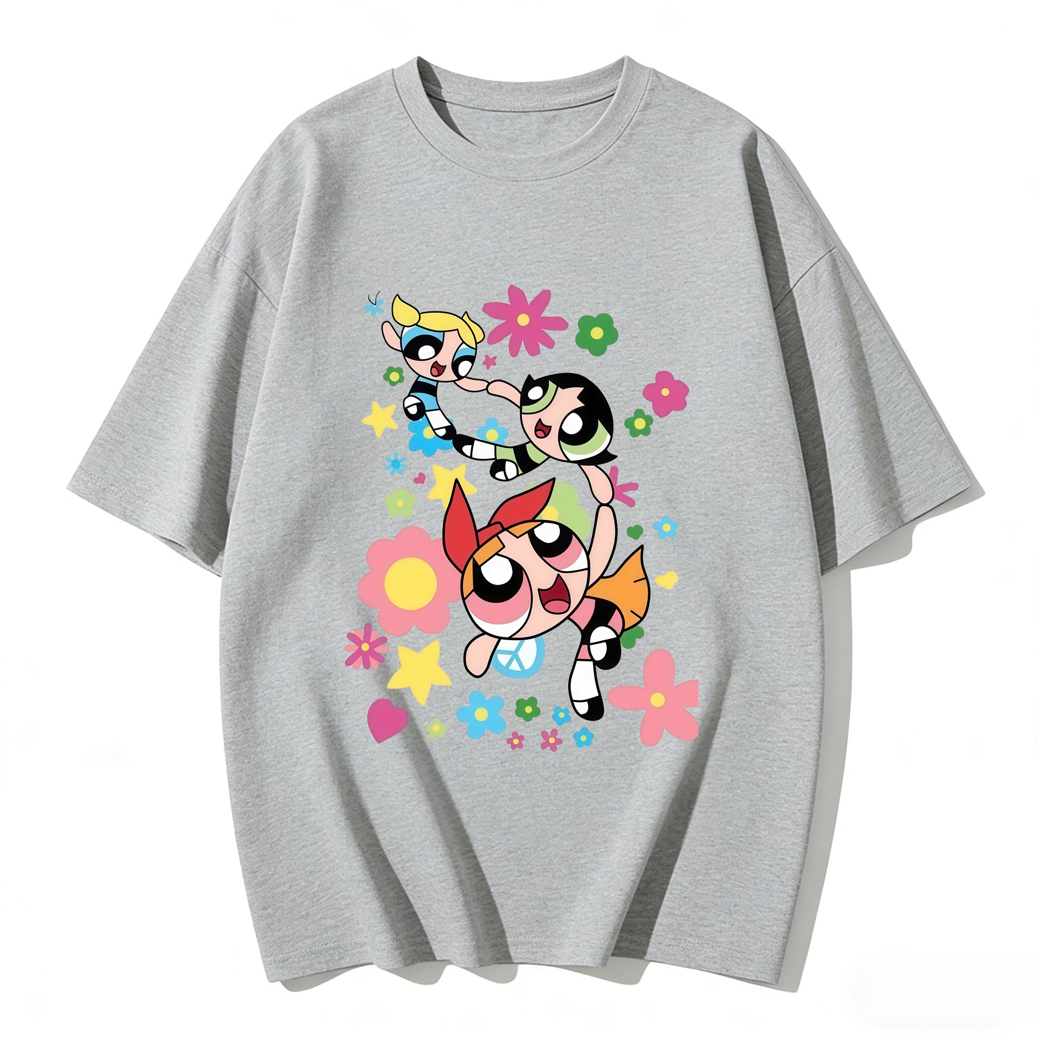 

2026 Summer Cute Powerpuff Girls Family Matching T Shirts Cartoon Print Cotton Tees Casual Short Sleeve Tops for Kids and Adults S