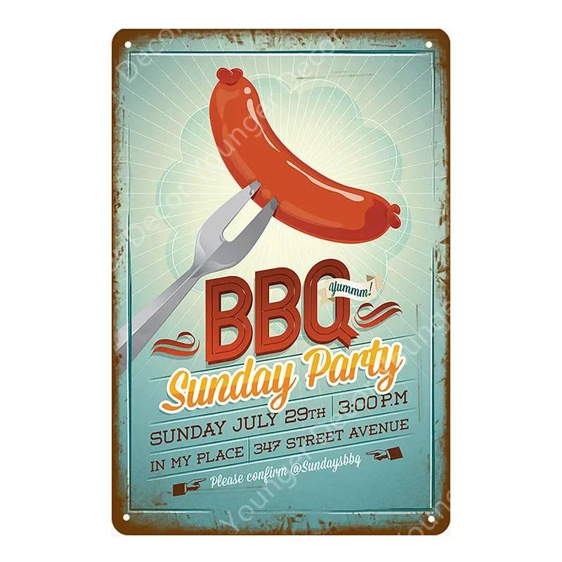 BBQ Steak House Grill Party Vintage Poster Wall Decor For Bar Pub Kitchen Home Plate Barbecue Metal Signs Painting Plaque YJ187