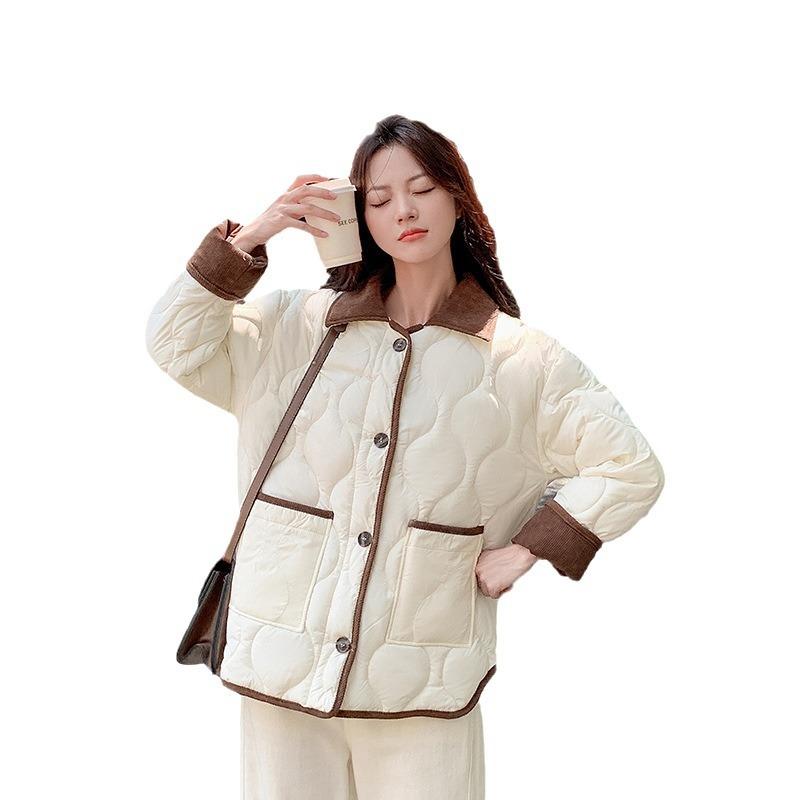 Lapel Cotton Jacket Women's Autumn/winter 2025 New Winter Short Contrasting American Retro Diamond Plaid Cotton Clothestlet Cotton Jacket Thin