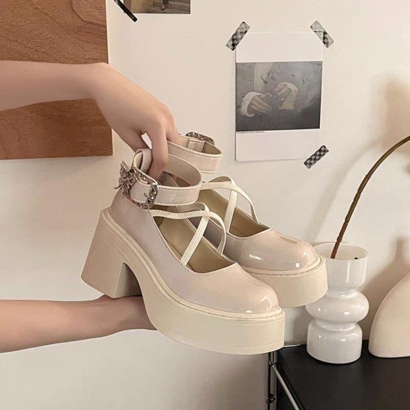Coarse Heel Round Head Cross Strap Autumn New Buckle Small Leather Shoes Student Black Single Shoes