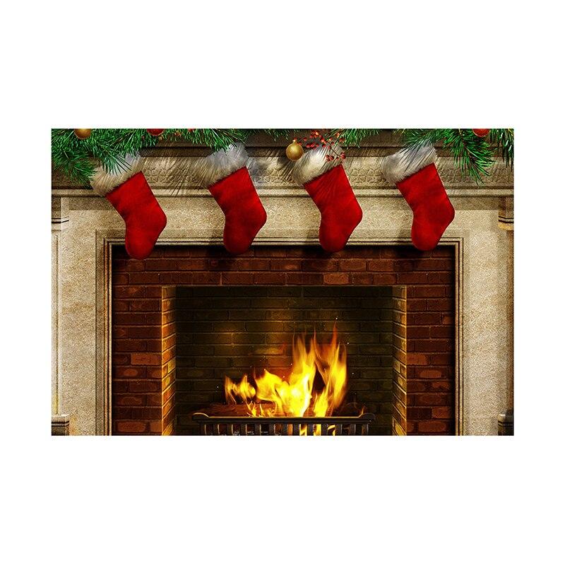 Christmas Fireplace Photography Backdrop Xmas Tree Stocking Photo Background Props for Holiday Family Portrait Studio Shoot Video Party Decor
