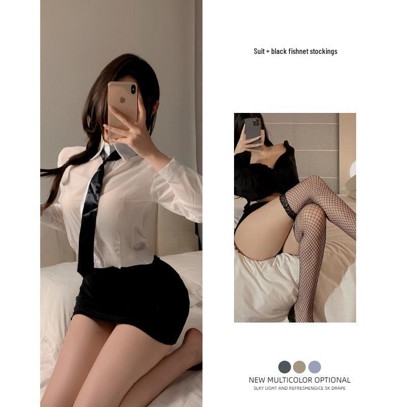 Plus Size Sexy Lingerie See-Through Secretary Uniform Bodycon Skirt Set