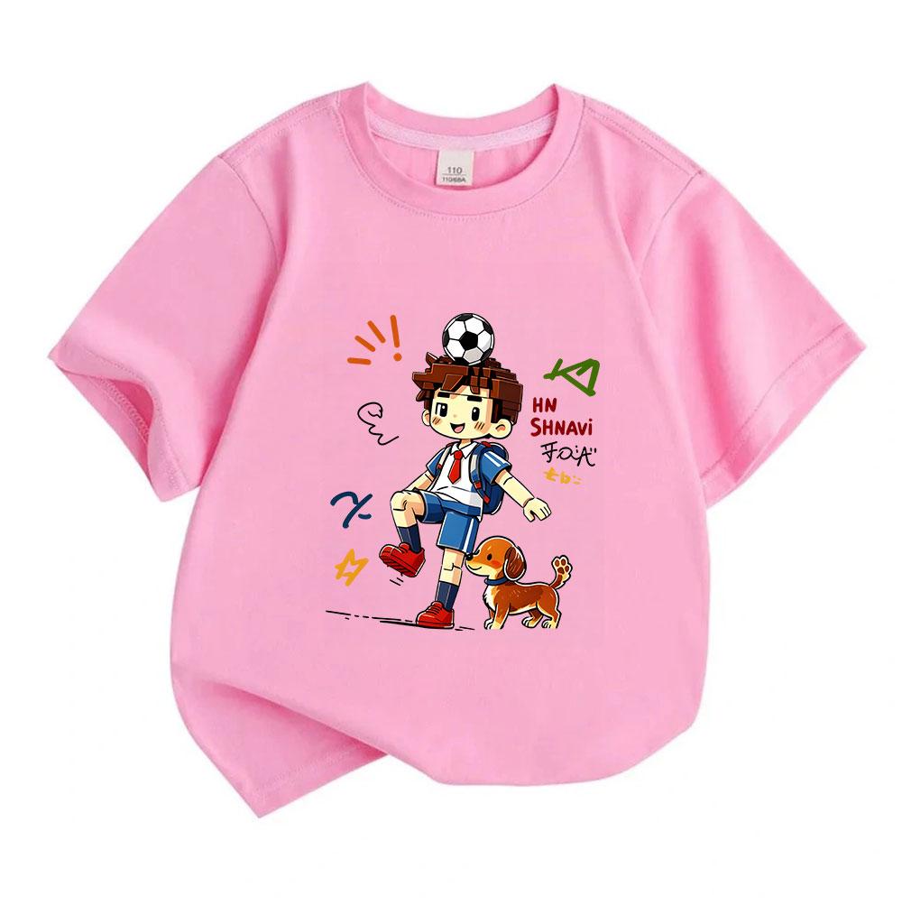Cute Block Style Boy Soccer Dog Print Kids T Shirt 100% Cotton Casual Crew Neck Short Sleeve Tees for Boys Girls Soft Breathable Daily Wear Tops