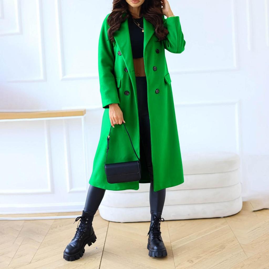 Women's Long Solid Double Breasted Long Sleeves Pocketless Coat Outwear Pocket Decoration