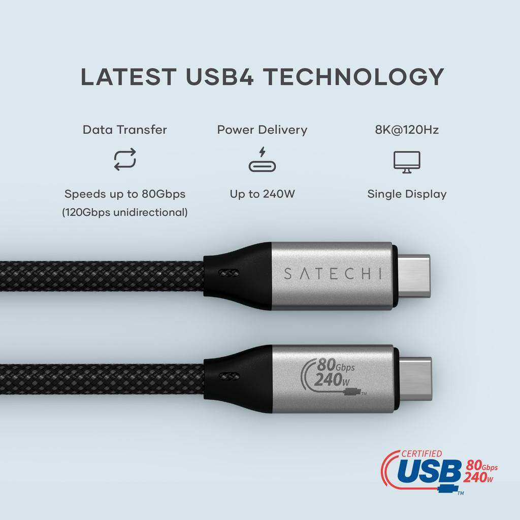 SATECHI USB4 V2 Pro Up to 120Gbps Data 240W PD Thunderbolt Compatible with and More Cable, 1.2m/3.9ft USB-C Cable, Transfer, Charging, 8K@60Hz