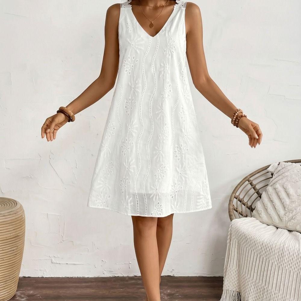 A-line Summer Casual Skirt Embroidery Mid Dress Fashion V-Neck Lace Dress  Beach Vacation