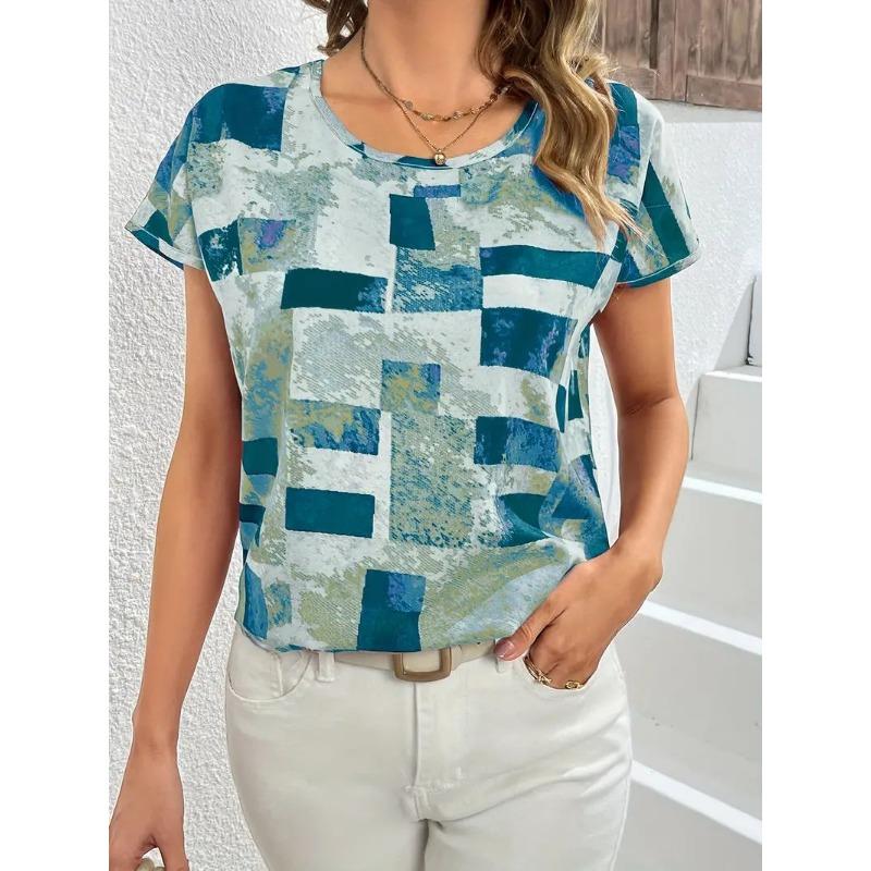 Summer Women's T-Shirt Fashion Plaid Print Casual Short Sleeve Tee Vintage Harajuku T Shirt Female Oversized Clothing Pullover