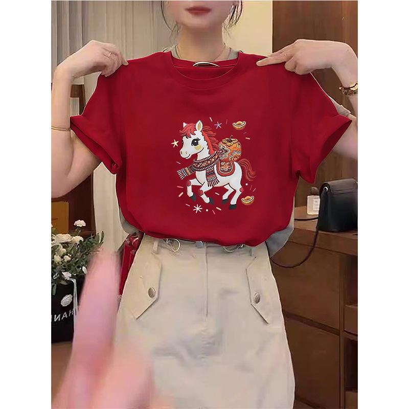 Women's 2026 Pure Cotton Short-Sleeve T-Shirt, Fashionable Red Top, Versatile Base Layer for Spring, Summer, Autumn