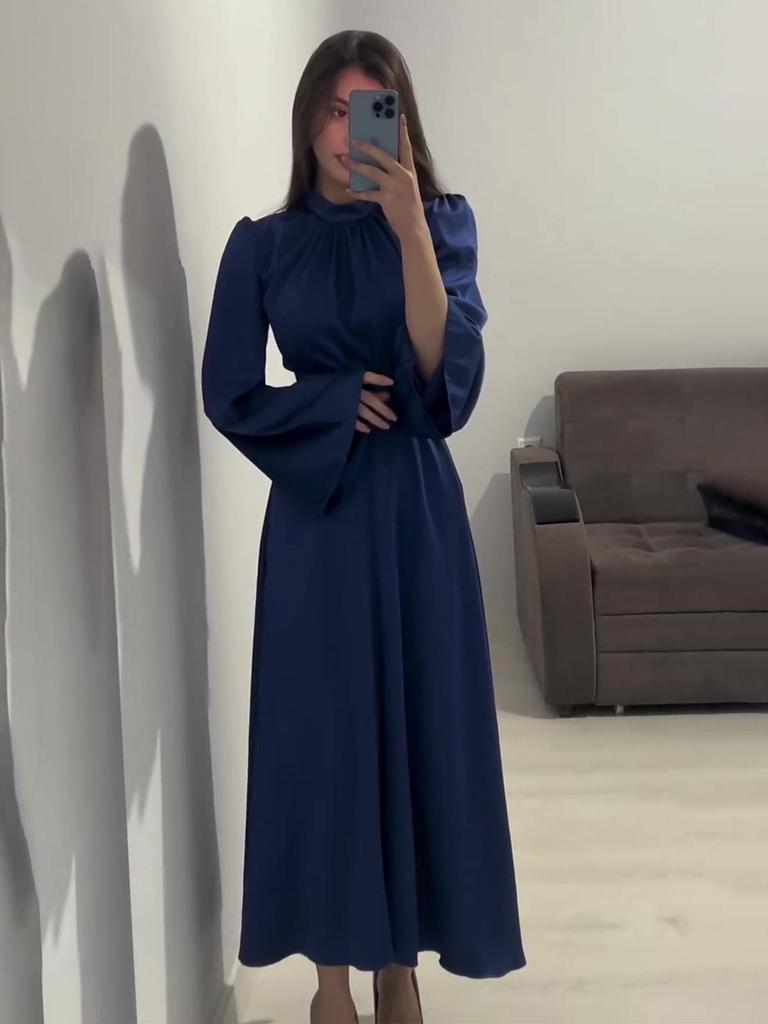 Europäisches & Amerikanisches Einfarbiges Schlankmachendes Binde-Langarm-Maxikleid (Frühjahr 2025 Kollektion)