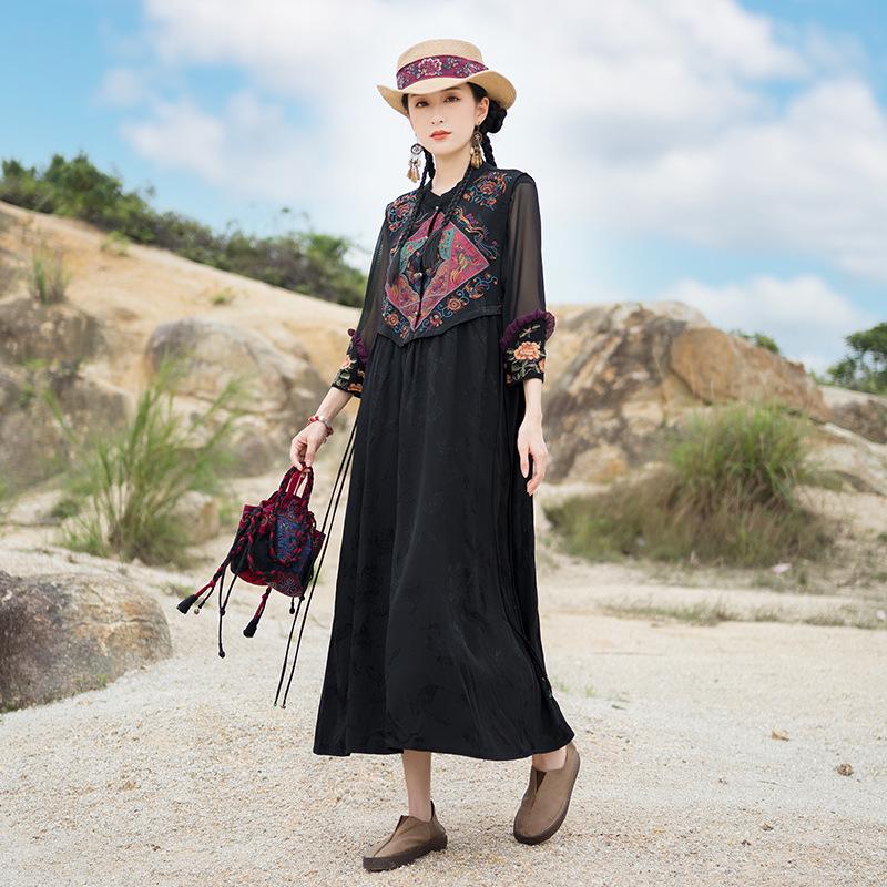 2025 Women's Ethnic Satin Jacquard Embroidered Vest Dress with Stand Collar