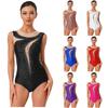 Collant de Ginástica e Dança Feminino S-XXL: Macacão Peça Única Sem Mangas com Recorte nas Costas, Patchwork de Renda e Pedrarias para Performance