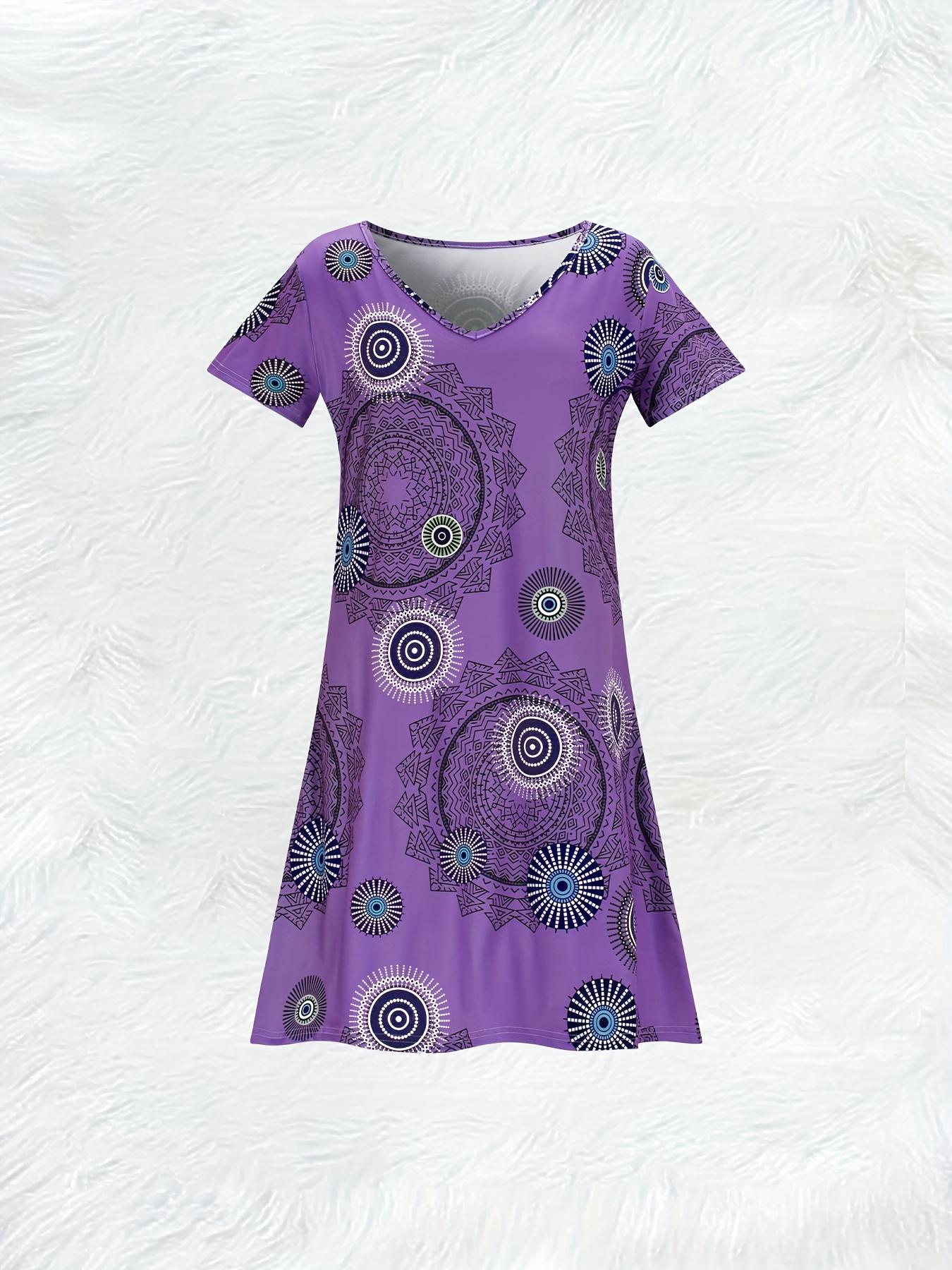 

Trendy Vacation Purple V Neck Short Sleeve Casual Dress for Women Tribal Geometric Print Summer Dress Flowy A Line Dress S