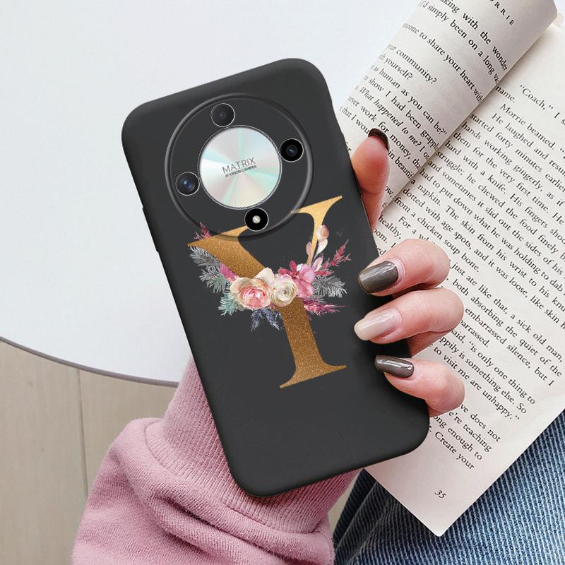 Buchstaben-Handyhülle für Honor X9b X9a Magic5 Lite Magic6 Lite 5G Hülle Retro-Blumen Rosa Schwarz Weiches TPU Initialen Silikon Fundas