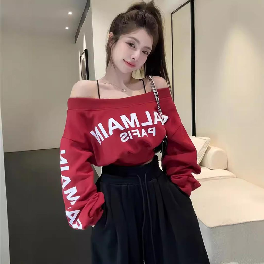 Autumn New Pure One-length Neck Long-sleeved Top for Women Small Letter Print Short Off-shoulder Sweatshirt for Women