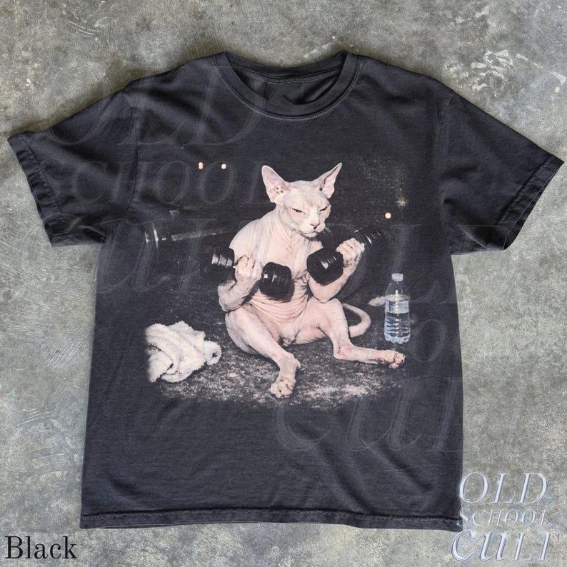 Sphynx Cat Workout Vintage Graphic T Shirt Retro Funny Fitness Cat Graphic Tee Unisex T-Shirt XL