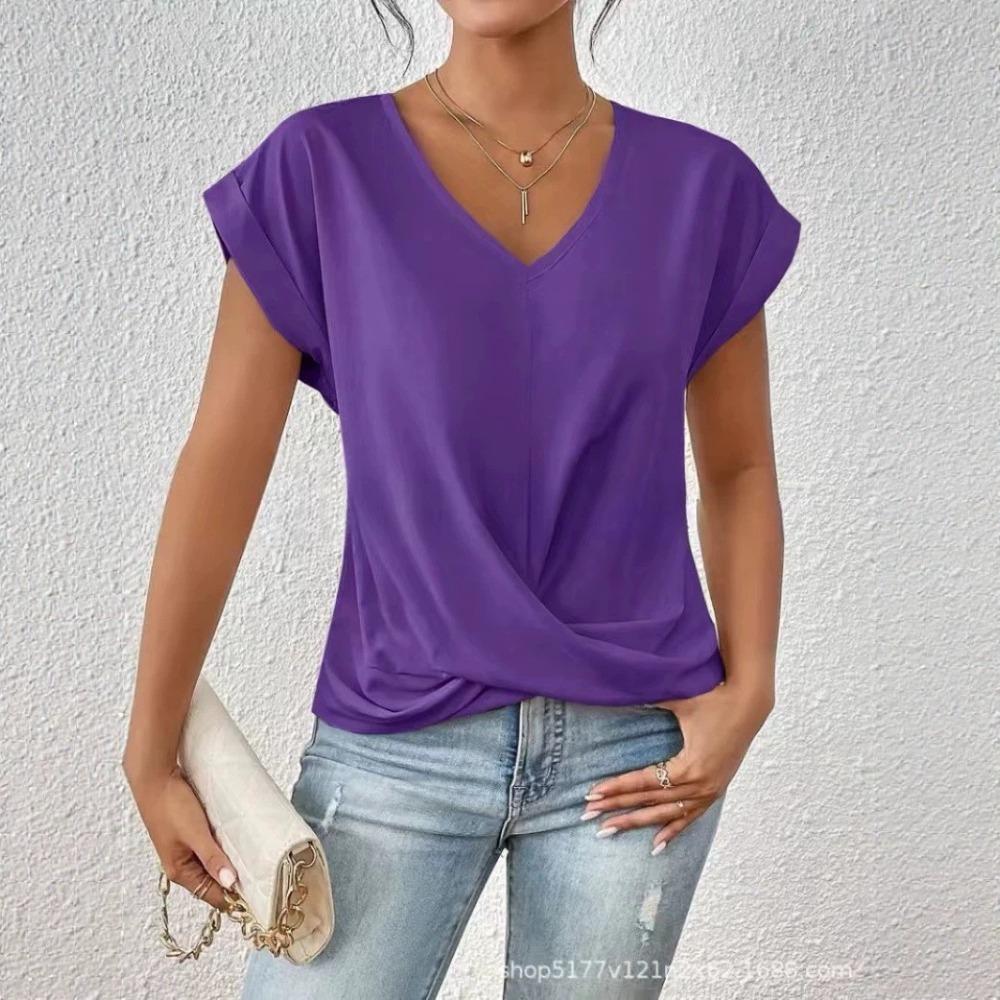 Summer Solid-color Fitted V-neck Women's Short-sleeved T-shirt