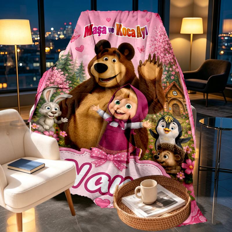 Custom Name Personalized Masha and The Bear Print Blankets, Home Decor, Bedroom, Sofa, Camping, Couch, Gifts for Birthday Christmas