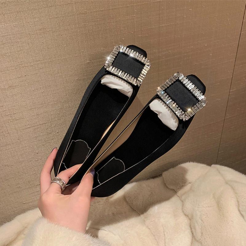 

Grape mother Studiolee square head rhinestone shallow mouth square buckle silk retro temperament flat shoes single shoes women s spring and summer 35