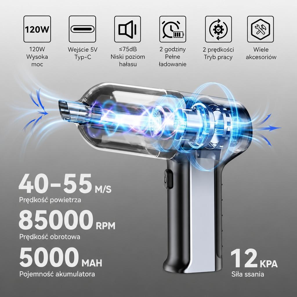Handheld Cordless Car Vacuum Cleaner 12000 Pa 3in1 Usb Hepa For Home