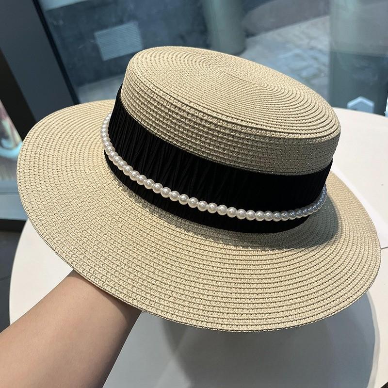Summer Straw Hat With Pearl Chain And Wide Brim For Beach Sun Protection
