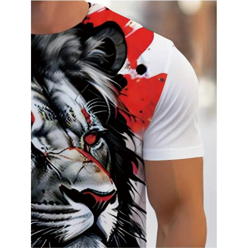 Men's Abstract Ink Lion 3D Printed T-Shirt Cool Red Eyes Animal Graphic Tee Casual White Short Sleeve Crewneck Top Hip Hop Streetwear Summer Clothing