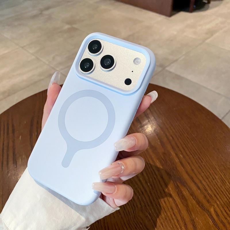 Applicable to iPhone17ProMax liquid silicone contrasting color one-piece magnetic mobile phone case Apple 16 solid color sense