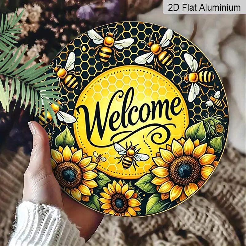 2D Flat, 1pc Vintage Honeycomb Bee & Sunflower Welcome Sign - Rustic Metal Wall Art with Golden/Yellow Honeybee Design, Welcome Lettering - Durable