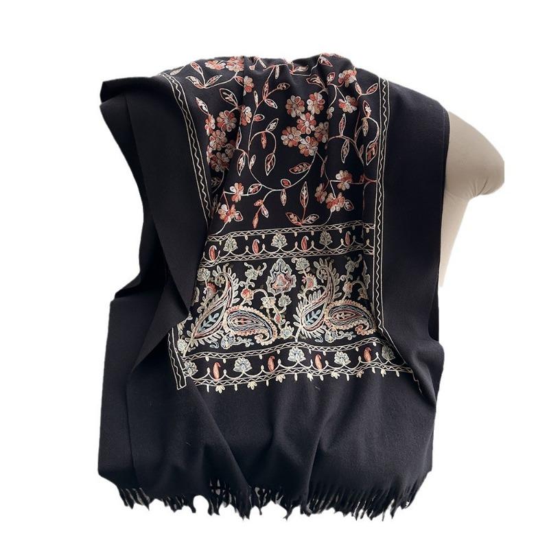 New Embroidered Cashew Flower Pattern Imitation Cashmere Scarf Women's Long Tassel Extended Light Luxury Shawl