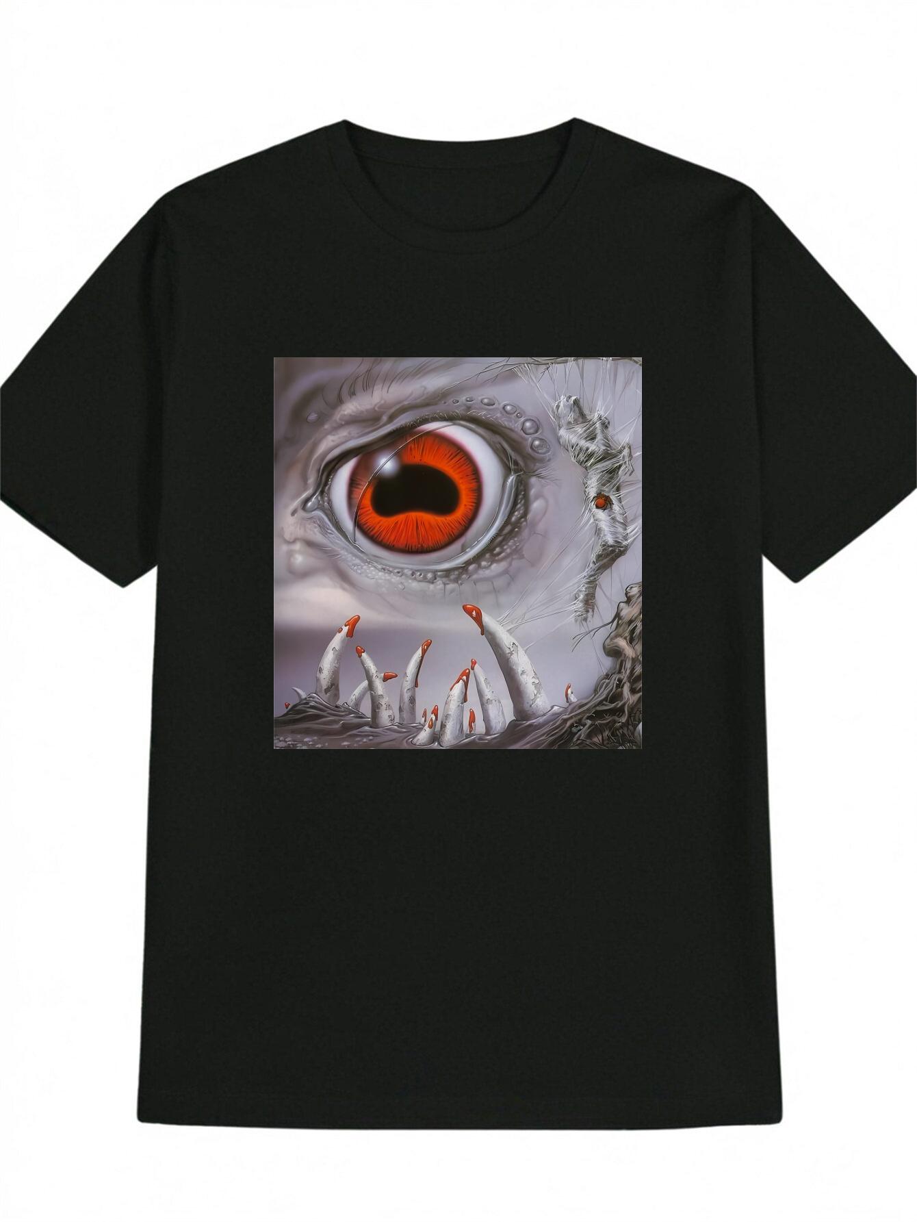 Casual Graphic T-shirt with Bold Red Eye Print - Black Round Neck Summer Tee M
