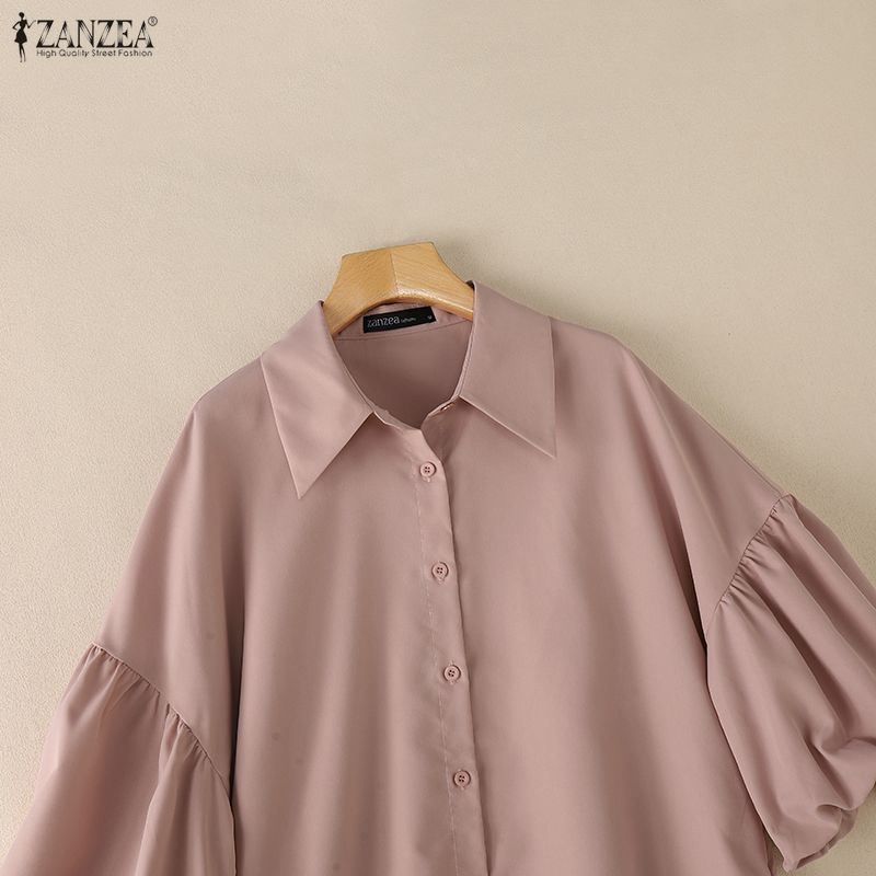 ZANZEA Women Casual Turn Down Collar Loose Puff 3/4 Sleeve Plain Blouse
