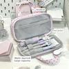Rosa Gepunktetes Karomuster Federmäppchen Handheld Mehrfache Fächer Stiftebeutel mit Klarem Itabag Große Kapazität Schreibwarenbeutel Geschenk