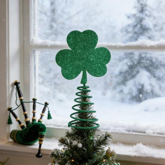 St. St. Patrick's Day Klöverträdtopp med Vårbas Glittrig Irländsk Klöver Miniatyr Julgransprydnad Högtidsparty Prydnad