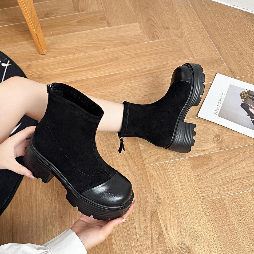 Thick-soled thin boots women s autumn and winter new round head muffin heel zipper short boots elastic boots trendy shoes 34 11614₽