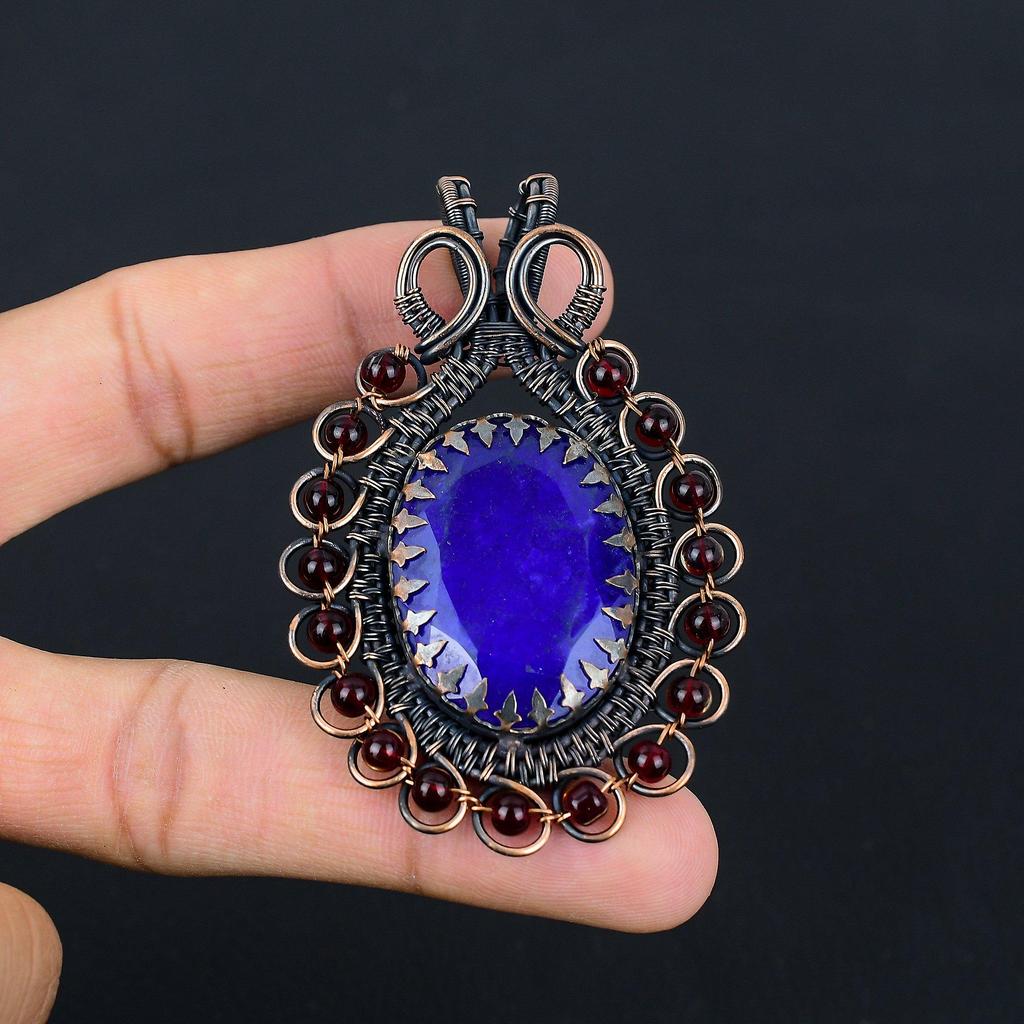 lab-Created Blue Sapphire Gemstone Pure Copper Wire Wrapped Handmade Pendant Jewelry
