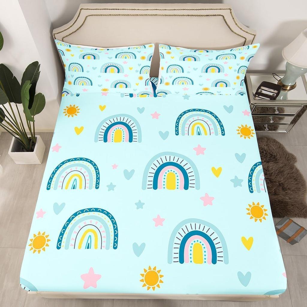 Rainbow Fitted Sheet Double Size and Pillow Case 2 Pcs, Colorful Rainbow Cartoon Fitted Sheet Set with 30cm Pocket for Kids