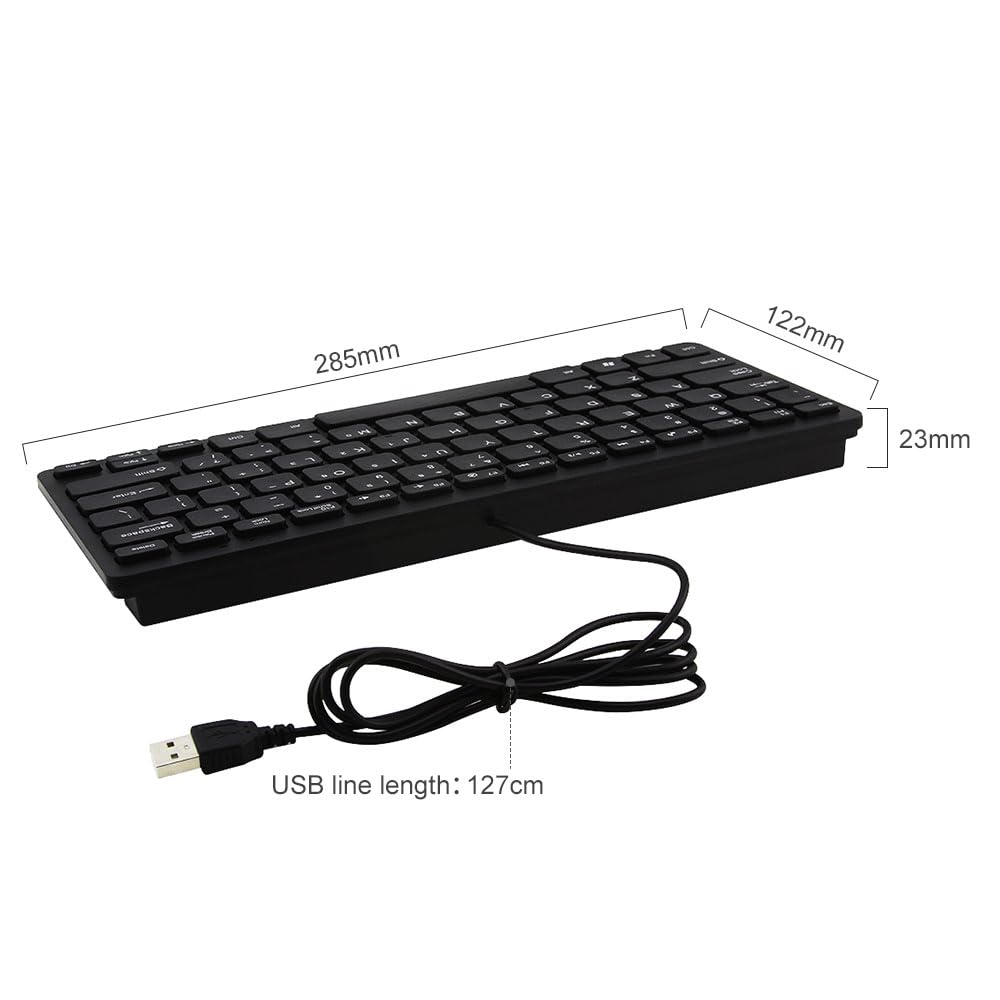 78-Key Wired Keyboard, Compact, Quiet, English Layout, 1.5m Cable, Angled Membrane, No Numeric Keypad, Multimedia Buttons, for PCs, Laptops, and