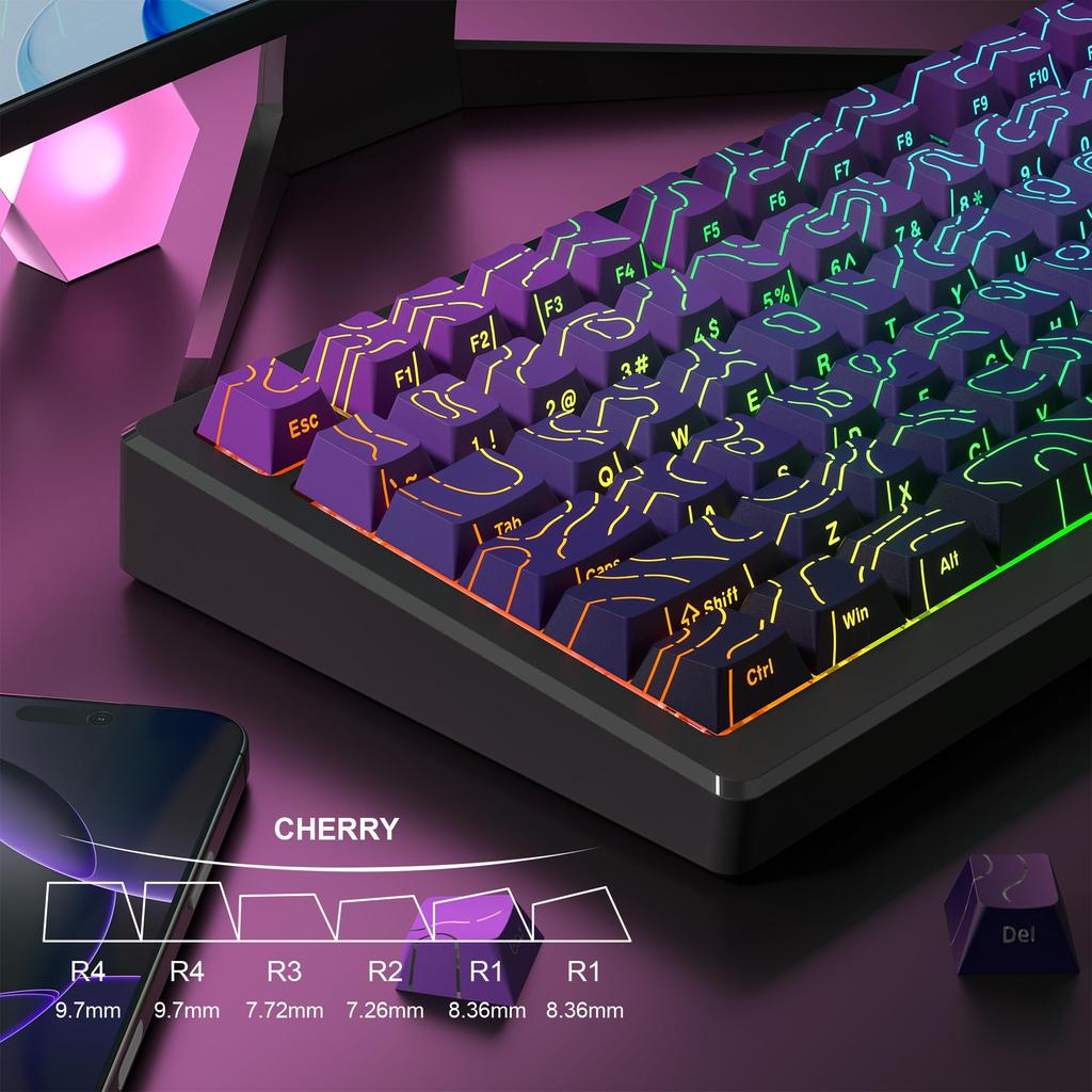 Womier 133-Key Double-Shot Contour 4.0 PBT Light-Transmitting Keycaps with Side Carving and Cherry Profile for Mechanical Keyboards and PCs (Purple)