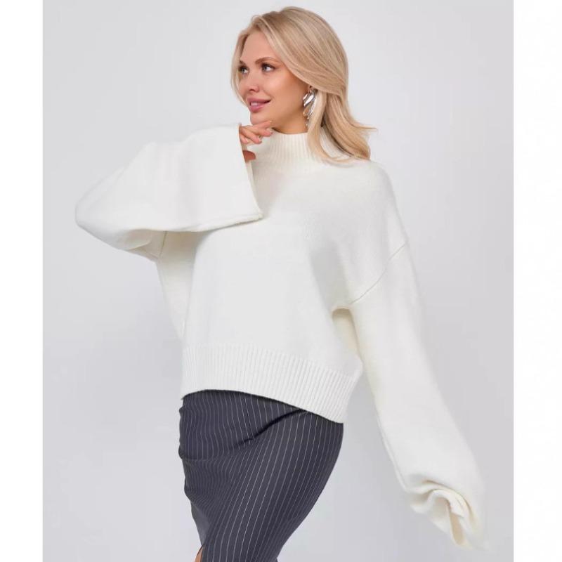 Autumn Winter High Collar Solid Simple All-match Sweater Ladies Flare Sleeve Fashion All-match Knitting Pullover Top