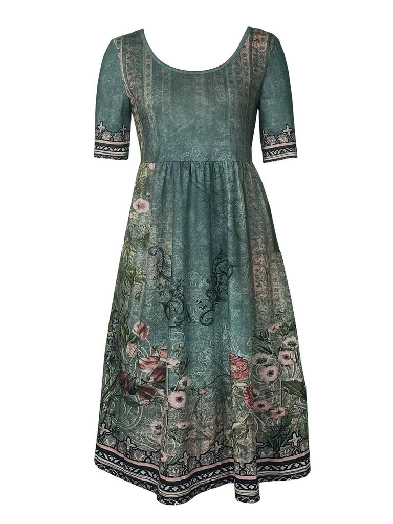 2024 Summer Bohemian Print Women's Maxi Dress with Round Neck and Short Sleeves