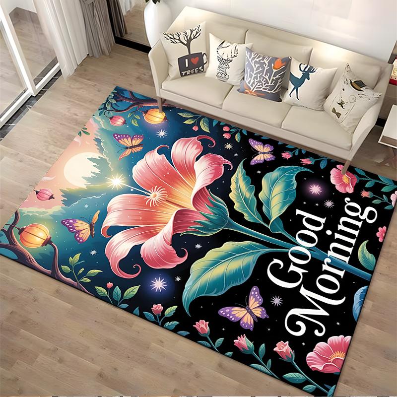 Floral Carpet with "Good Morning" Text, Butterflies and Starry Design Suitable for use as an anti-slip for living room bedroom sofas