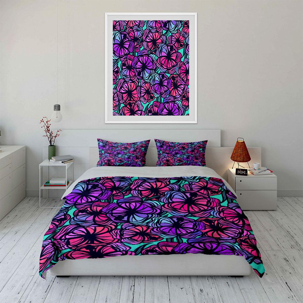Floral Pattern With Purple And Pink Gradient Bedding Set For Kids Luxury Gift 3Pcs Digital Print Comforter Set Soft Comfortable