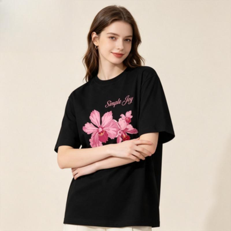 Vintage Flower Unisex Cotton T Shirt Pink Orchid Letter Graphic Aesthetic Casual Loose Fit Crew Neck Short Sleeve Tops
