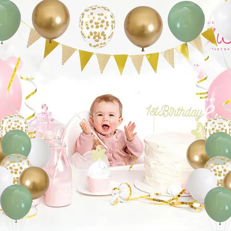 28 Pcs Birthday Decoration Set Foil Balloon Green Gold White Birthday Decorations Happy Birthday Banner, Balloons, Pennants kit