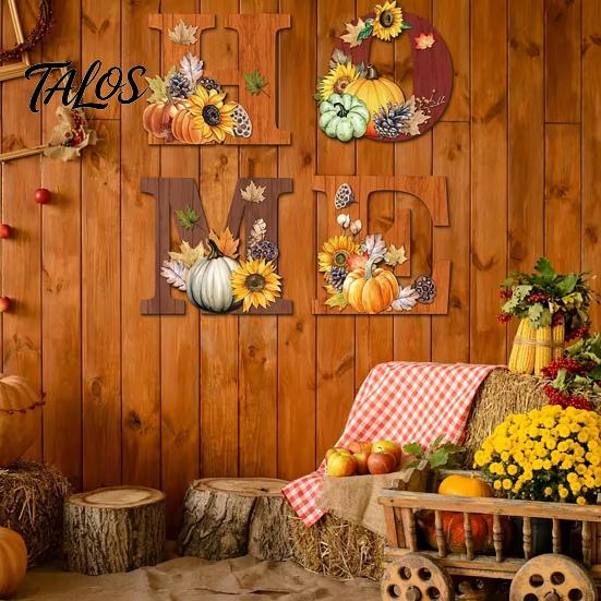 Wood Grain Texture Letters 4PCS Wooden HOME Sign, with Wall Decor, Split Flexible Letter Decor Design, Rustic Style Hanging for Thanksgiving