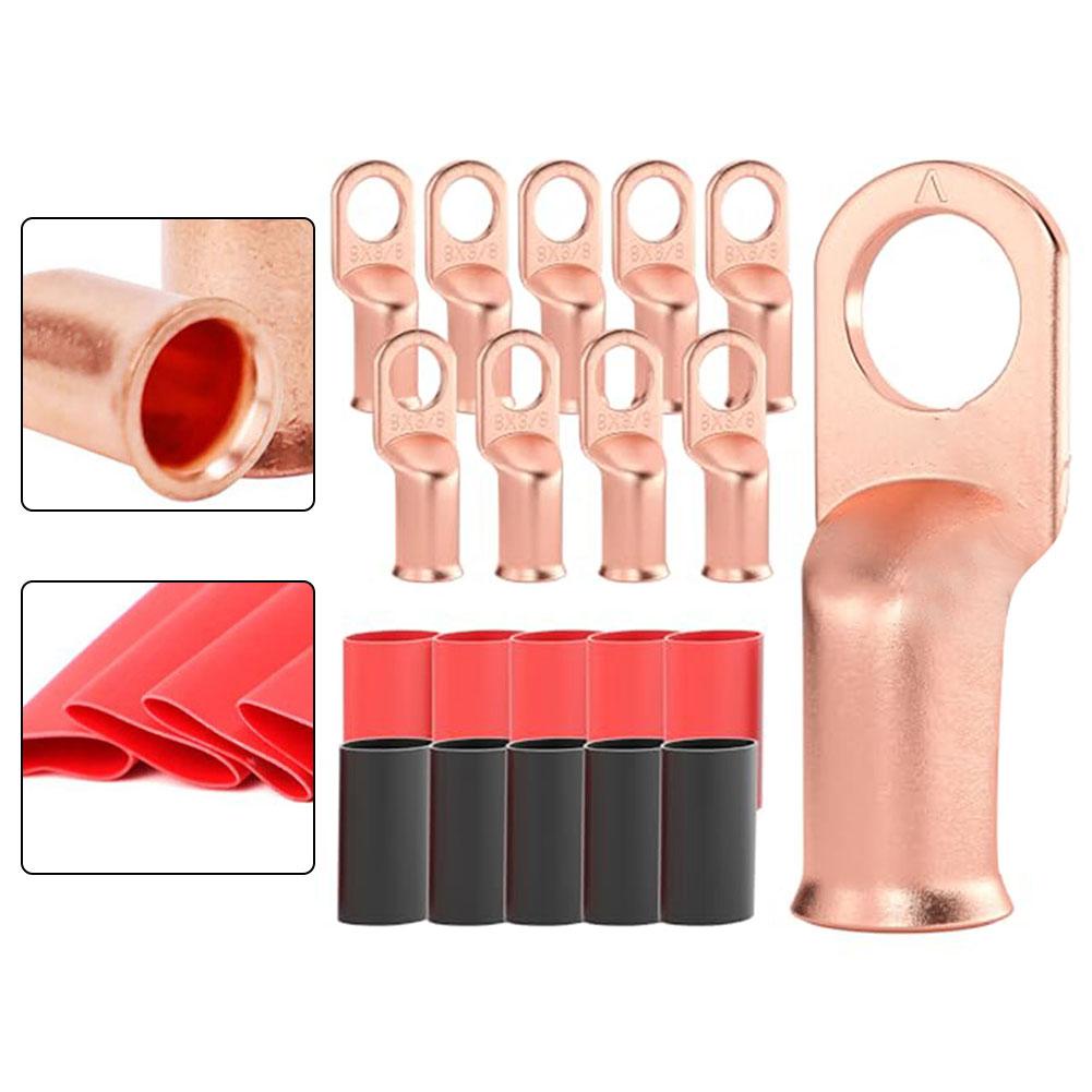 Package of 10 Copper Lug Terminal Blocks 38 Inch with Heat Shrink Tubing for For Automotive Marine and Electrical Wiring Needs