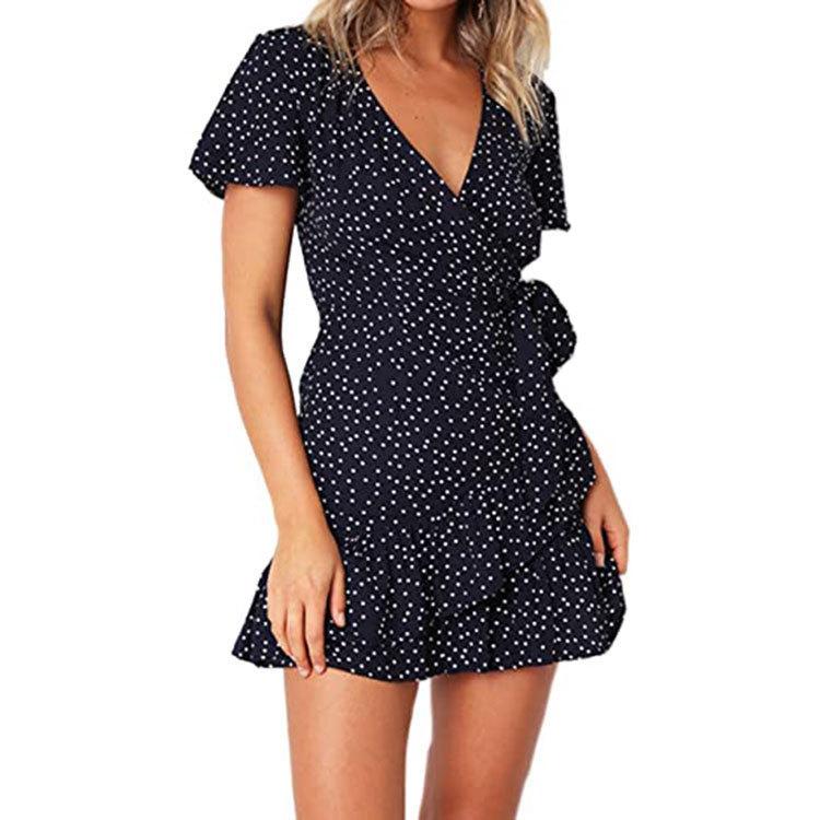 eBay Europe and the United States hot sale summer butterfly lace-up ruffle edge short-sleeved skirt V-neck print dress